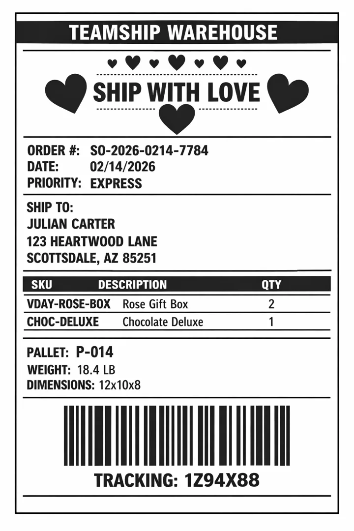 Example branded shipping label with SSCC barcode and tracking, generated by Teamship WMS